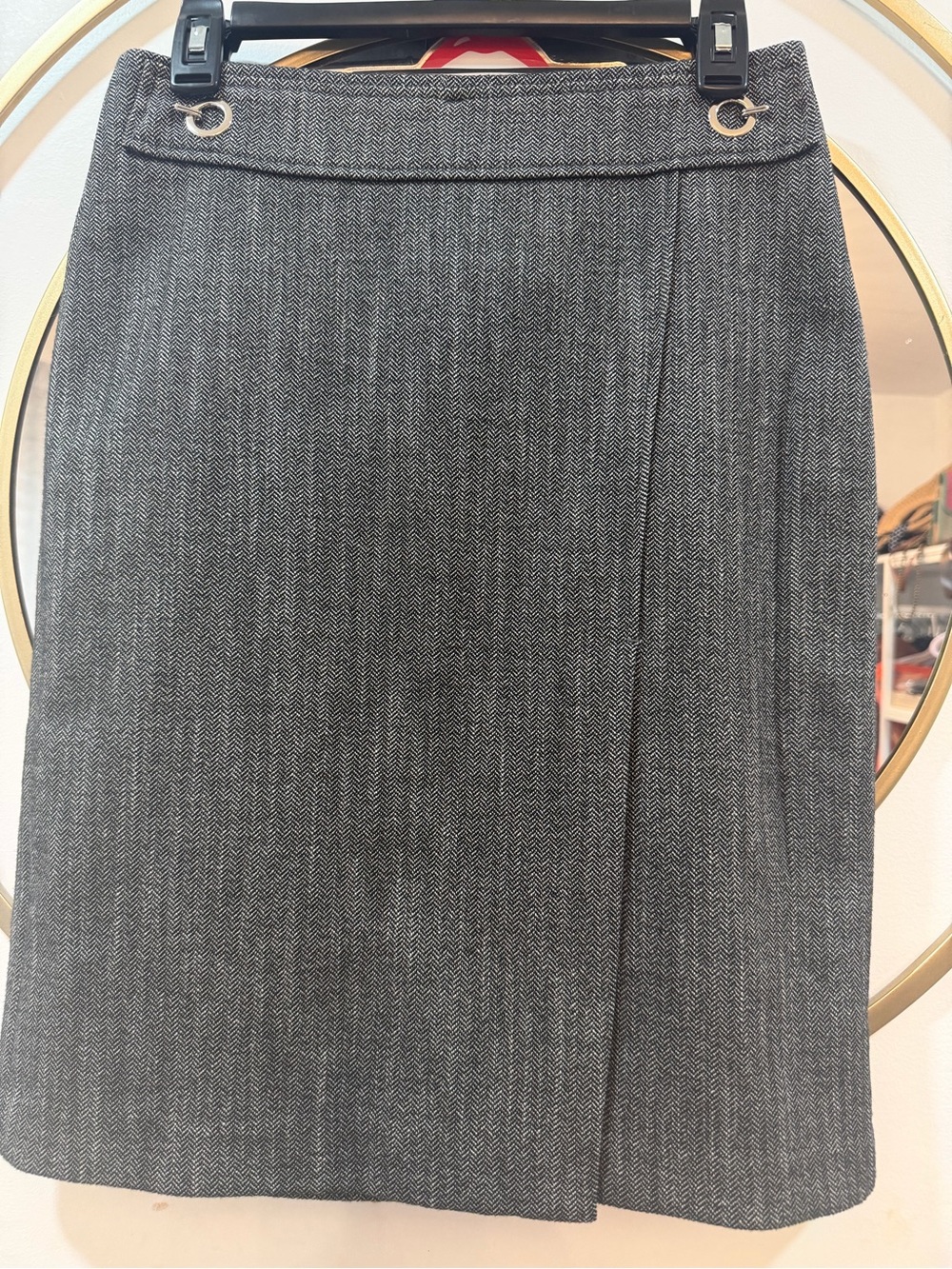 H&M Gray Herringbone Midi Skirt with Eyelet Waist